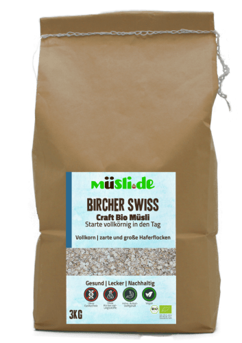 Bild der Verpackung (Dose) des Bio Müslis Bircher Swiss 3 Kg von müsli.de