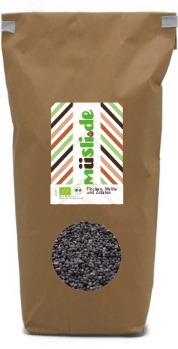 Bild der Verpackung (Dose) des Bio Müslis Bio Blaumohn von müsli.de