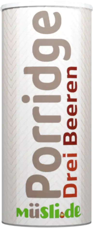 Bild der Verpackung (Dose) des Bio Müslis Drei Beeren Porridge von müsli.de