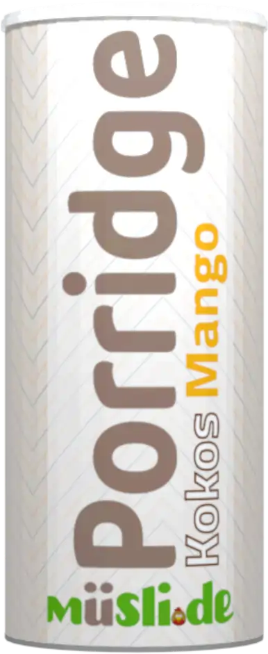 Bild der Verpackung (Dose) des Bio Müslis Kokos Mango Porridge von müsli.de